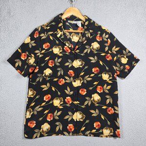 Vintage Martinique Shirt Womens Medium Black Floral Open Collar Boxy Fit Grunge